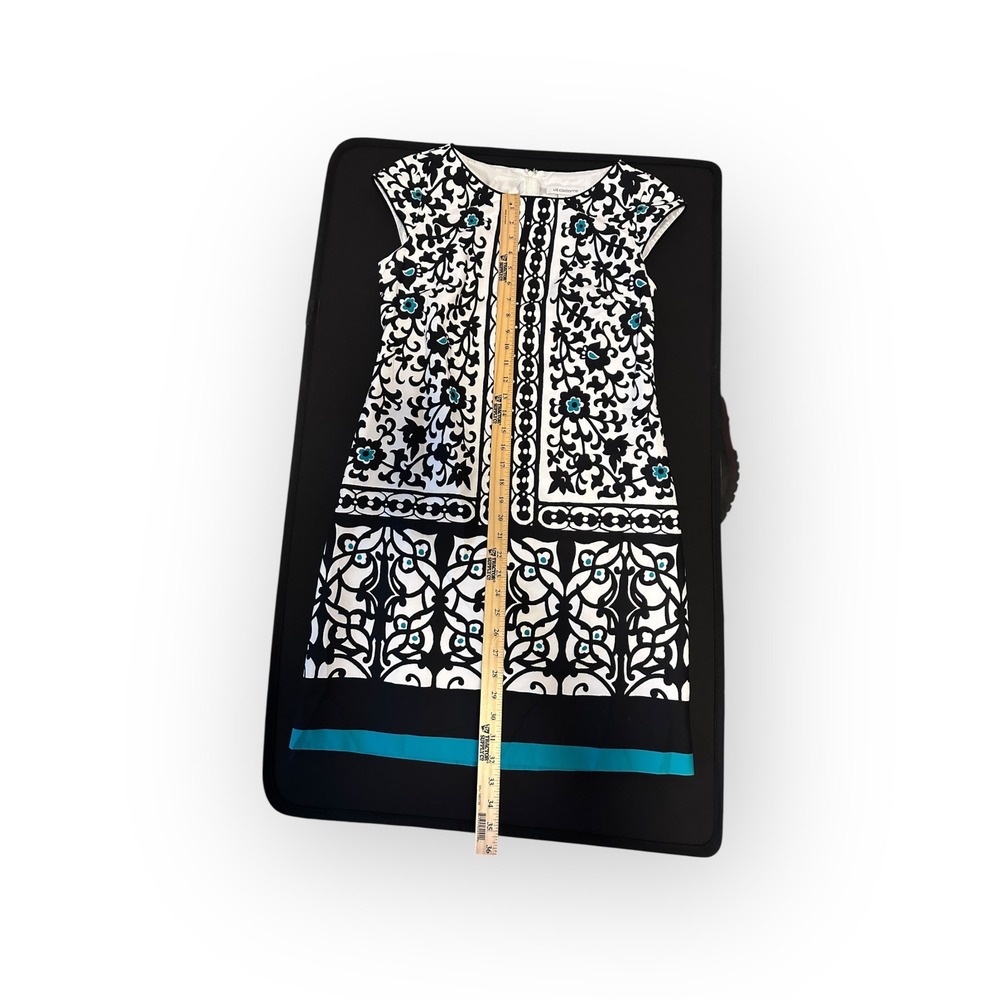 Liz Claiborne Sheath Dress Size 6 Black White Turquoise Scroll Border Print - Picture 11 of 16